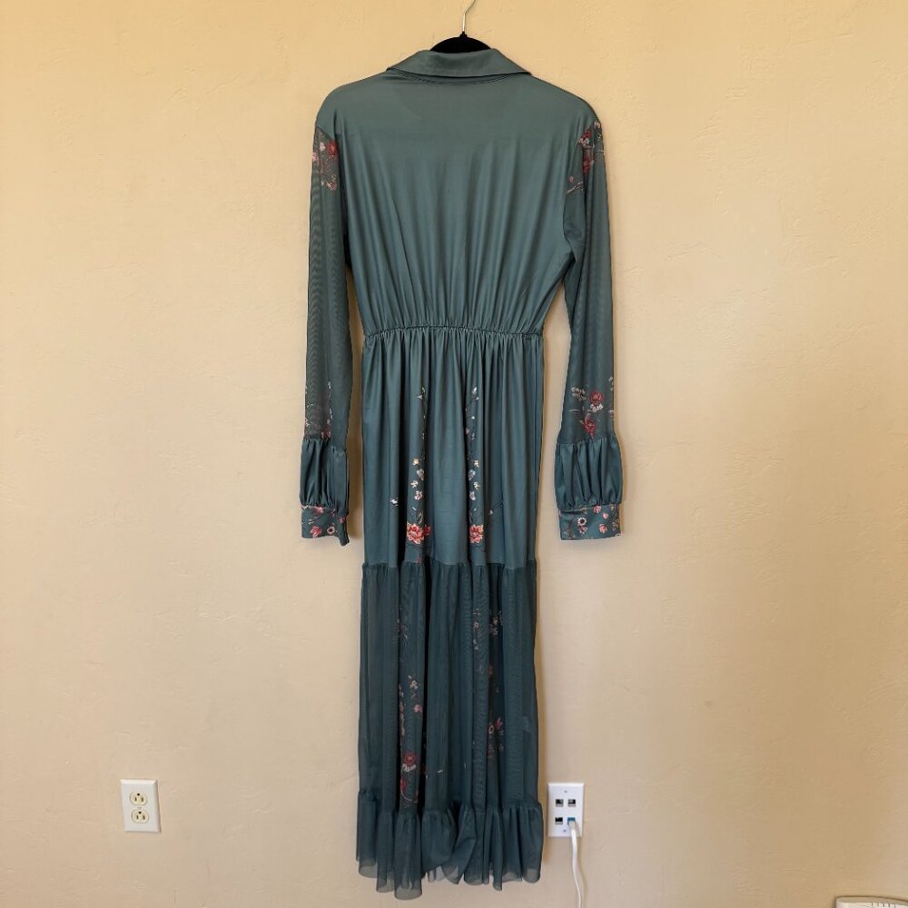 Dark Teal Floral Maxi Dress Size Large Long Sleeve Cottagecore Boho Romantic Dre - Picture 4 of 4
